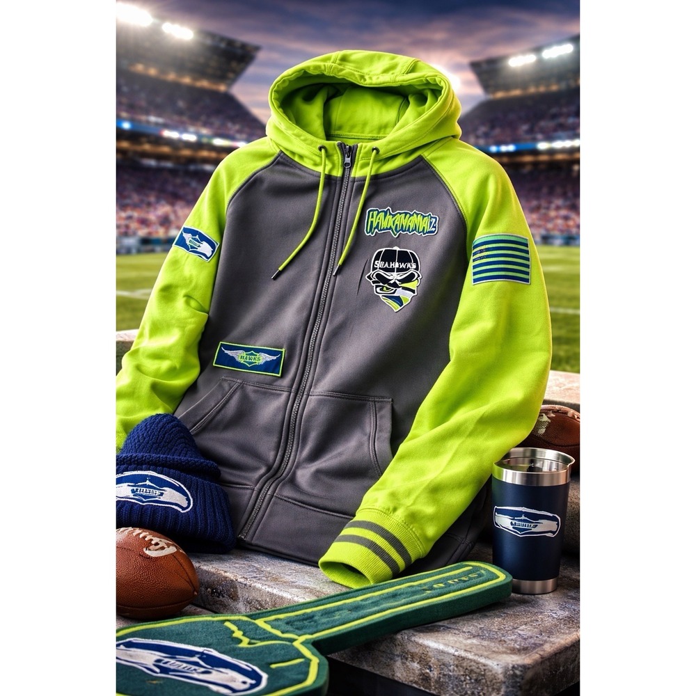 Seattle Seahawks Full Zip Hoodie‎ Neon Green Gray Hawkamania Patch Small